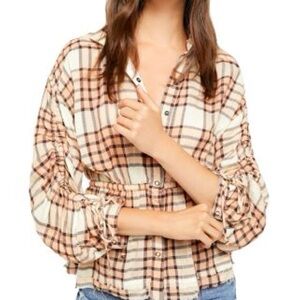 We The Free Cream and Tan Plaid Button-Down Shirt
